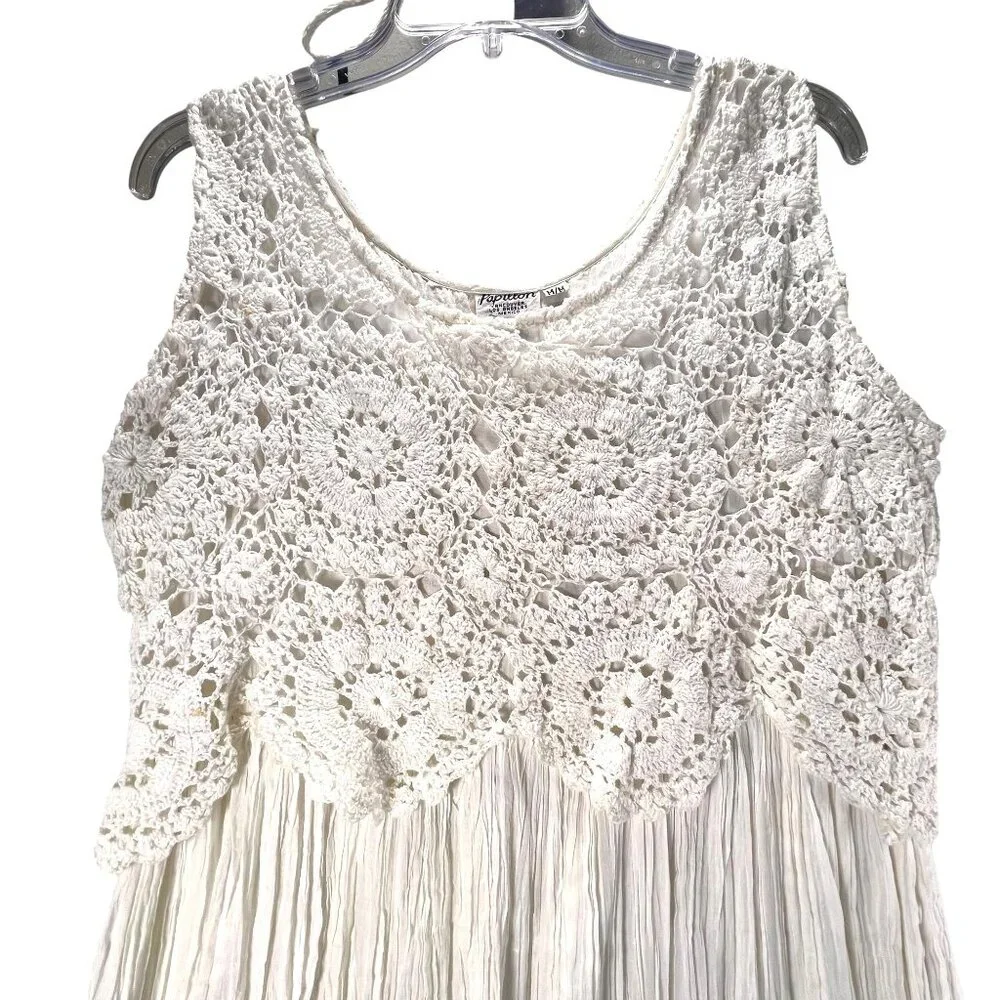 NWT Vtg Papillon Cream White Sleeveless Lace Crochet Gauzy Boho Midi Dress Med - Picture 3 of 15